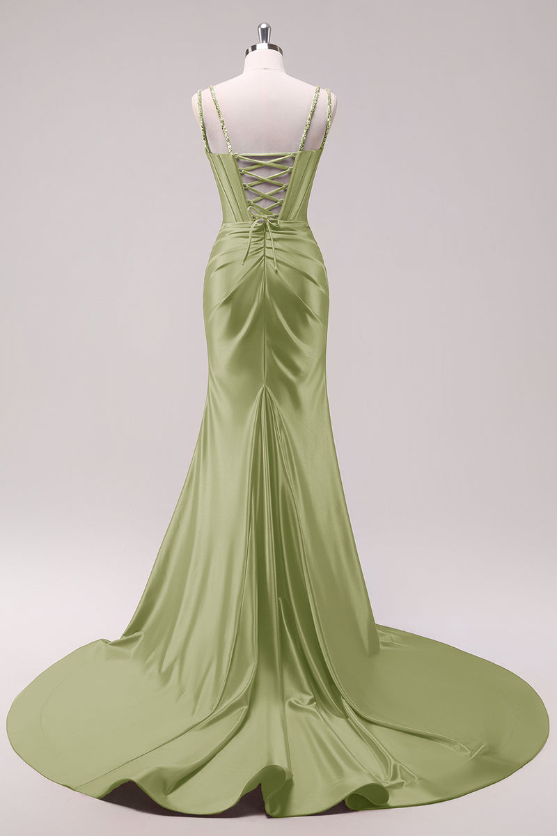 Laden Sie das Bild in den Galerie-Viewer, Glitzer Schwarz Korsett Spaghettiträger Lange Abendkleid mit Schlitz