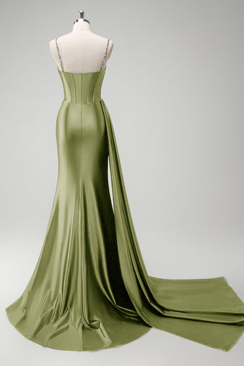Glitzer Salbei Spaghettiträger Korsett Lange Abendkleid mit Schlitz