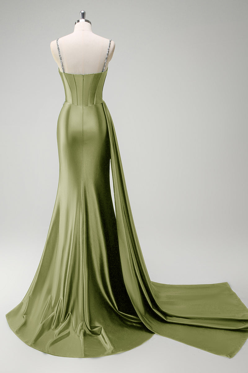 Laden Sie das Bild in den Galerie-Viewer, Glitzer Salbei Spaghettiträger Korsett Lange Abendkleid mit Schlitz