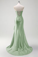 Laden Sie das Bild in den Galerie-Viewer, Glitzer Graublau Korsett Satin Lange Abendkleid mit Rüschen Schlitz