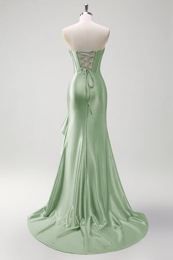 Glitzer Graublau Korsett Satin Lange Abendkleid mit Rüschen Schlitz