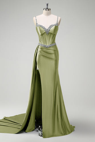 Glitzer Salbei Spaghettiträger Korsett Lange Abendkleid mit Schlitz