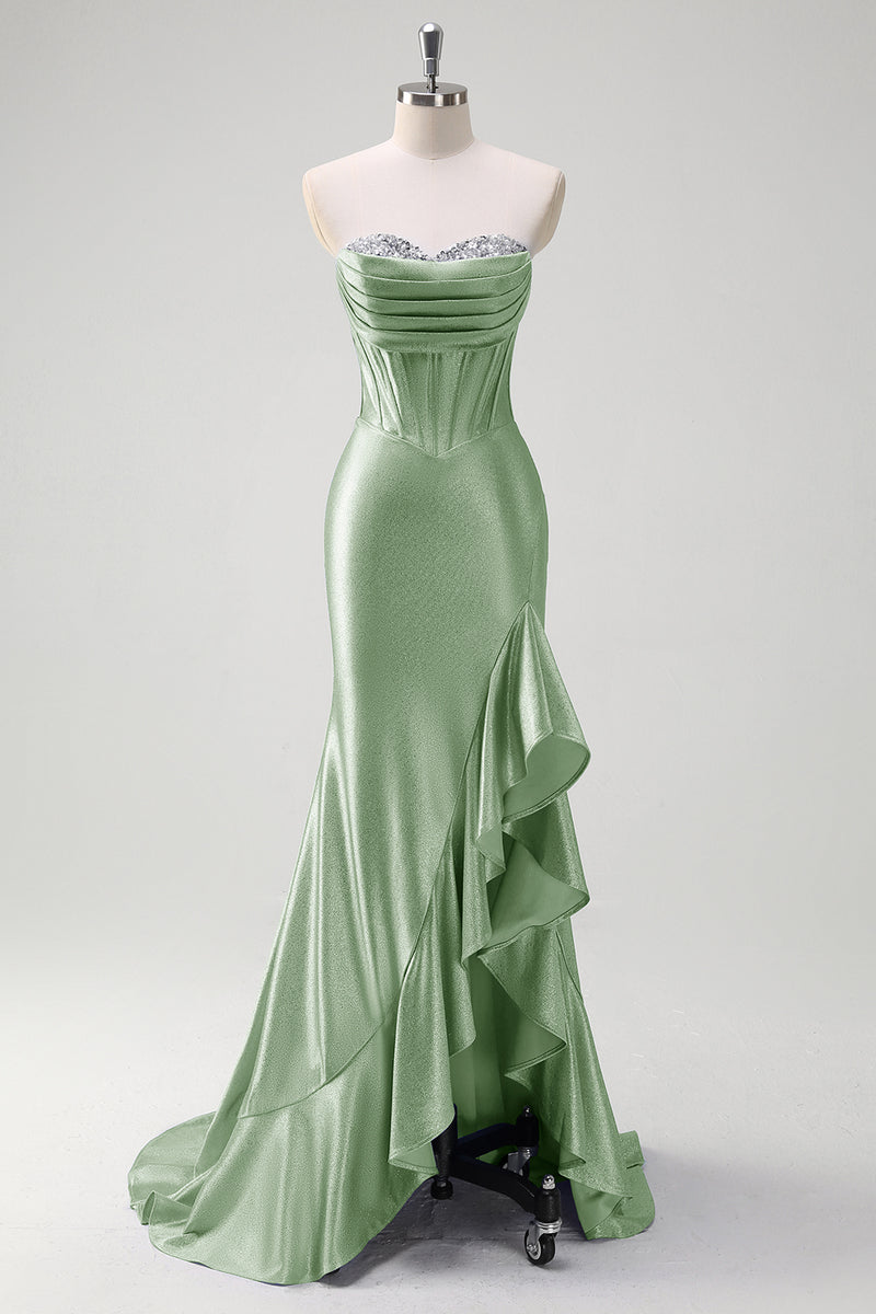 Laden Sie das Bild in den Galerie-Viewer, Glitzer Graublau Korsett Satin Lange Abendkleid mit Rüschen Schlitz
