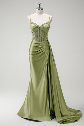 Glitzer Lila Korsett Meerjungfrau Lange Satin Abendkleid mit Schlitz