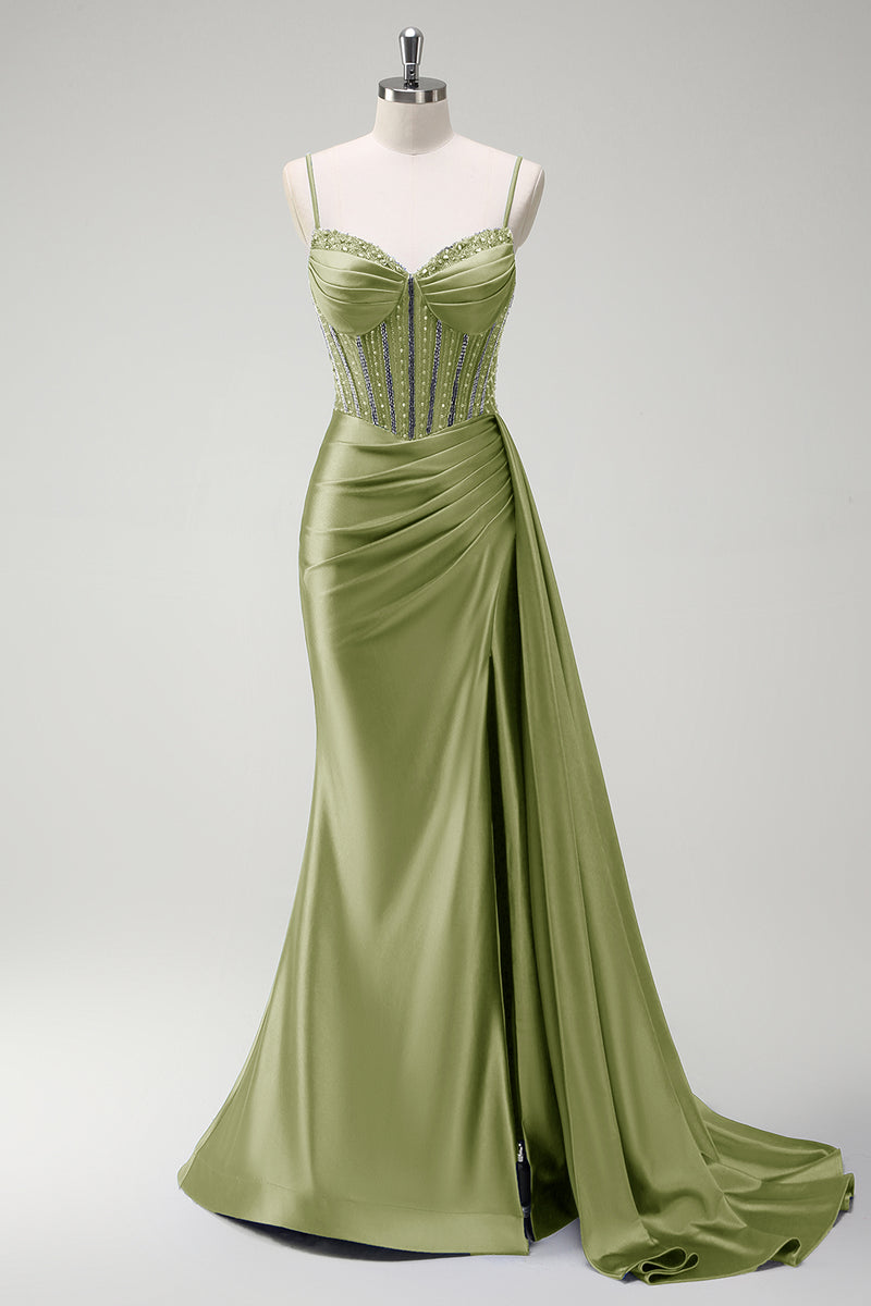 Laden Sie das Bild in den Galerie-Viewer, Glitzer Lila Korsett Meerjungfrau Lange Satin Abendkleid mit Schlitz