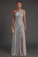 Laden Sie das Bild in den Galerie-Viewer, One schulter Gold Etuikleid Gerafft Langes Abendkleid mit Schlitz