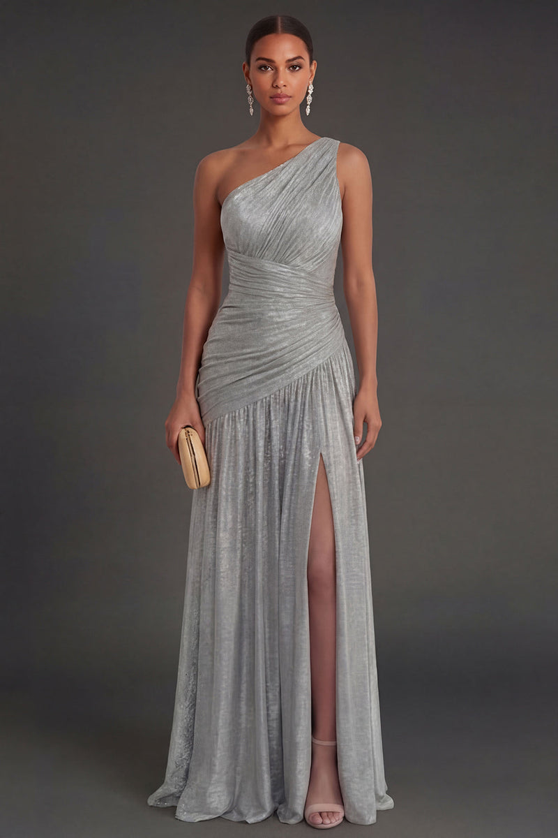 Laden Sie das Bild in den Galerie-Viewer, One schulter Gold Etuikleid Gerafft Langes Abendkleid mit Schlitz