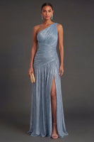 Laden Sie das Bild in den Galerie-Viewer, One schulter Gold Etuikleid Gerafft Langes Abendkleid mit Schlitz