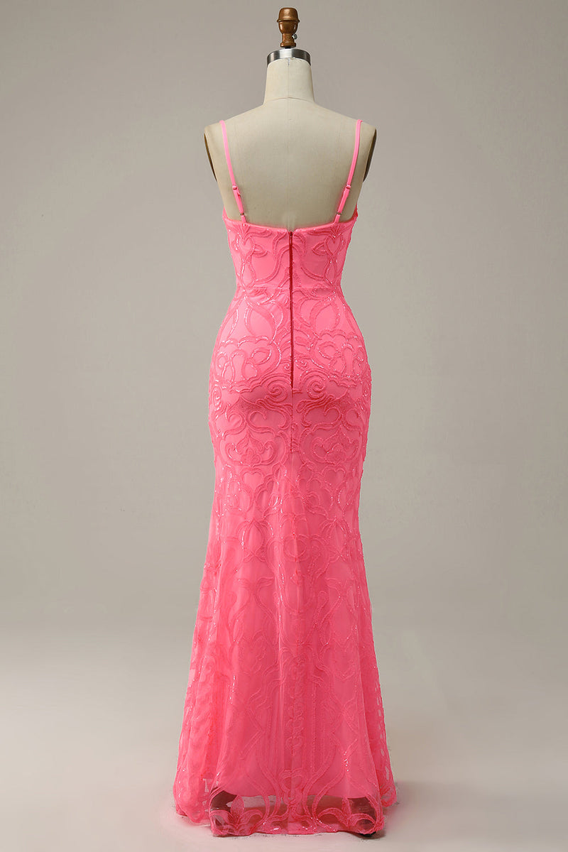 Laden Sie das Bild in den Galerie-Viewer, Rosa Spaghettiträger Pailletten Meerjungfrau Abendkleid