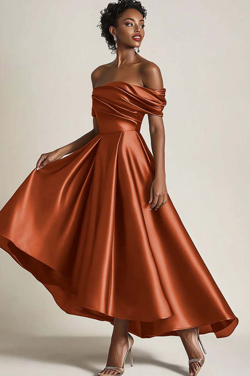 Laden Sie das Bild in den Galerie-Viewer, Off Schulter Satin Olivgrün A-Linien Langes Kleid für die Brautmutter