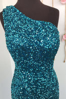 Laden Sie das Bild in den Galerie-Viewer, Etui Ein-Schulter Weiß Pailletten langes Abendkleid mit Frontschlitz