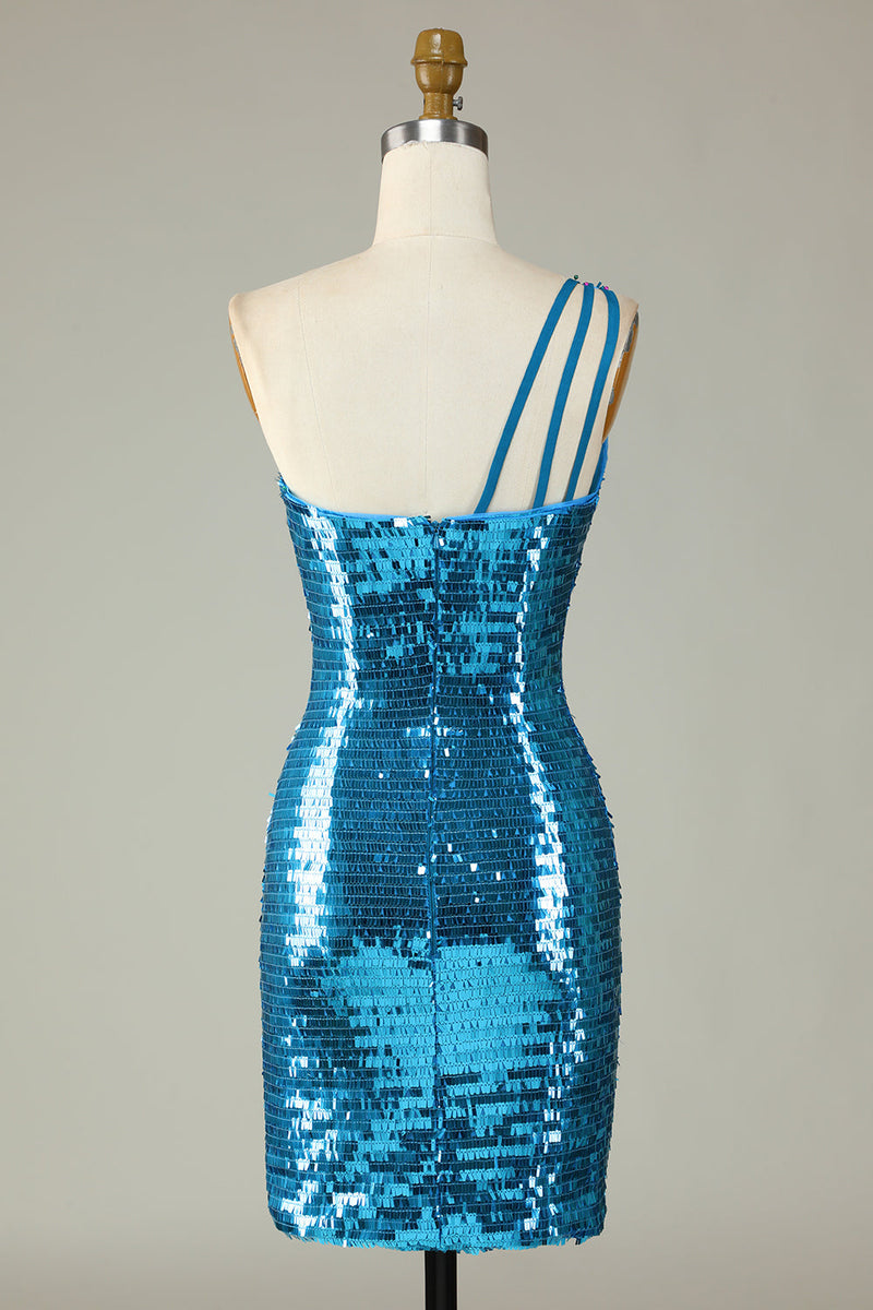 Laden Sie das Bild in den Galerie-Viewer, Glitter Königsblau eine Schulter Pailletten Enges Hoco Kleid