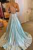 Laden Sie das Bild in den Galerie-Viewer, Hellblaues Spaghettiträger V-Ausschnitt Langes Abendkleid mit Schlitz