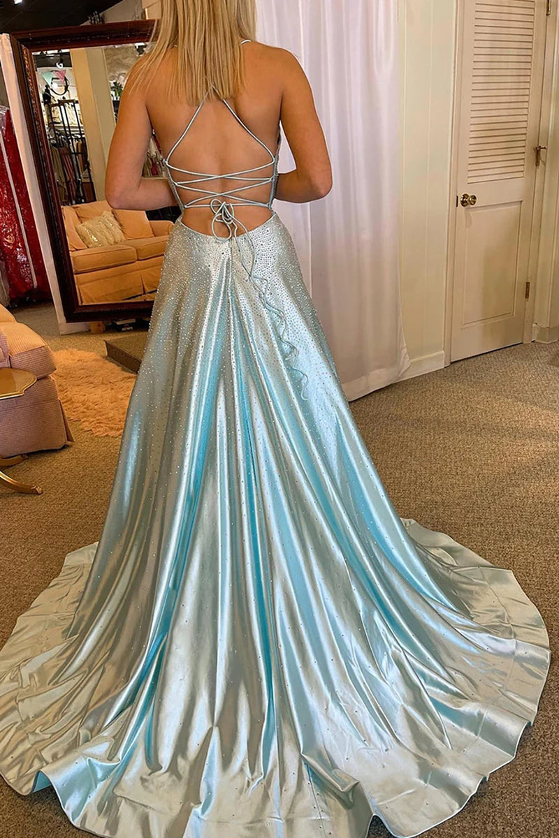 Laden Sie das Bild in den Galerie-Viewer, Hellblaues Spaghettiträger V-Ausschnitt Langes Abendkleid mit Schlitz