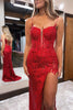 Laden Sie das Bild in den Galerie-Viewer, Rotes Spaghettiträger Lange Ballkleid mit Applikationen und Schlitz
