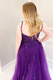 Spaghettiträger Lila Übergrößentüll langes Abendkleid mit Perlen