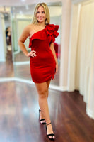 Laden Sie das Bild in den Galerie-Viewer, Einfaches Schwarzes Ein-schulteriges Enges kurzes Cocktailkleid mit Rüschen