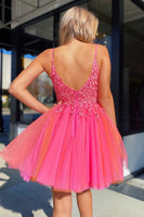 Laden Sie das Bild in den Galerie-Viewer, Heißes Rosa A-Linie-Cocktailkleider aus Tüll mit Spitze