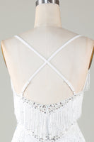 Laden Sie das Bild in den Galerie-Viewer, Weißes figurbetontes Kleid mit V-Ausschnitt und Quaste auf dem Rücken