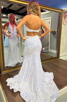 Laden Sie das Bild in den Galerie-Viewer, Glitzerndes Weißes Meerjungfrau V-Ausschnitt langes Abendkleid