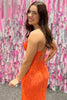 Laden Sie das Bild in den Galerie-Viewer, Glitzerndes Oranges Glitzerndes Oranges Spaghettiträger Meerjungfrau Abendkleid mit Schlitz