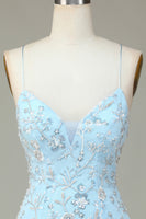 Laden Sie das Bild in den Galerie-Viewer, Funkelnde blaue Pailletten Perlenblumen enges kurzes Cocktailkleid