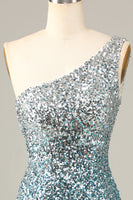 Laden Sie das Bild in den Galerie-Viewer, Glitzerndes Blau Einschulter Pailletten Kurzes Cocktailkleid mit Quaste