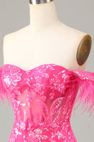 Laden Sie das Bild in den Galerie-Viewer, Wunderschöne schulterfreie Scheide Blaues kurzes Cocktailkleid mit Feder