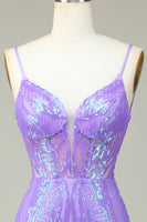 Laden Sie das Bild in den Galerie-Viewer, Stilvolle Bodycon Spaghettiträger Flieder Pailletten Korsett Cocktailkleid mit Kreuz und Kreuz hinten