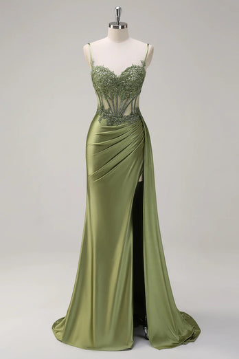 Grün Applikationen Spaghettiträger Korsett Langes Abendkleid mit Schlitz