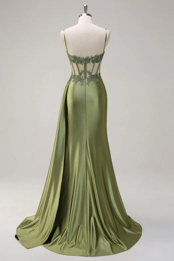 Grün Applikationen Spaghettiträger Korsett Langes Abendkleid mit Schlitz