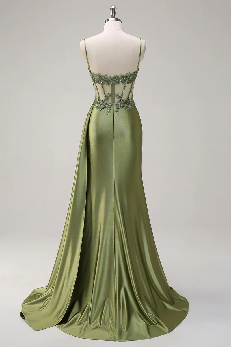 Laden Sie das Bild in den Galerie-Viewer, Grün Applikationen Spaghettiträger Korsett Langes Abendkleid mit Schlitz