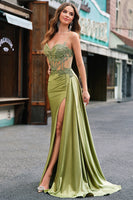 Laden Sie das Bild in den Galerie-Viewer, Grün Applikationen Spaghettiträger Korsett Langes Abendkleid mit Schlitz