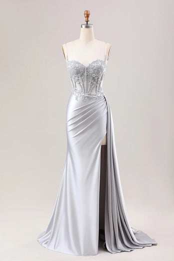 Grün Applikationen Spaghettiträger Korsett Langes Abendkleid mit Schlitz