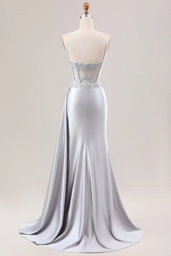 Grün Applikationen Spaghettiträger Korsett Langes Abendkleid mit Schlitz