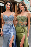 Laden Sie das Bild in den Galerie-Viewer, Grün Applikationen Spaghettiträger Korsett Langes Abendkleid mit Schlitz