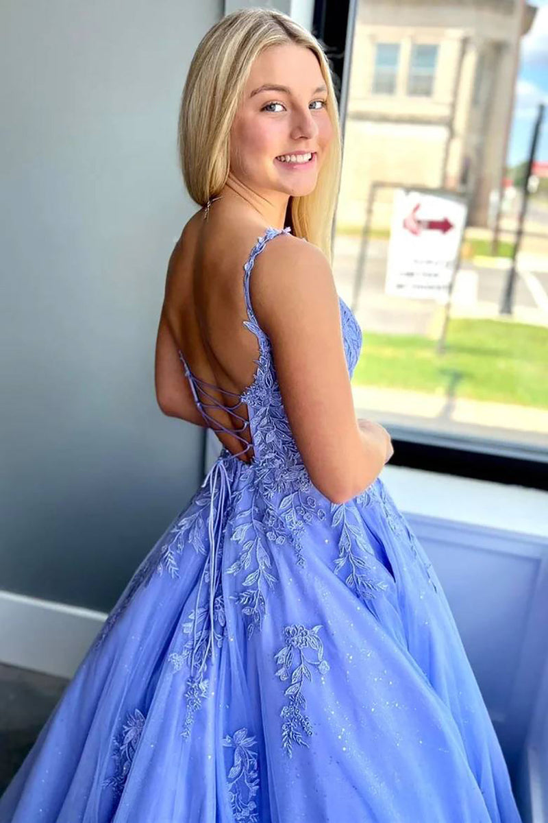 Laden Sie das Bild in den Galerie-Viewer, Funkelndes Lila A-Linie Langes Korsett Abendkleid mit Taschen