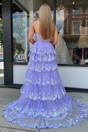Lila Eine Schulter Korsett Lange Abendkleid mit Schlitz und Rüschen