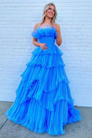 Laden Sie das Bild in den Galerie-Viewer, Blau Schulterfreies langes Gerüschtes Abendkleid