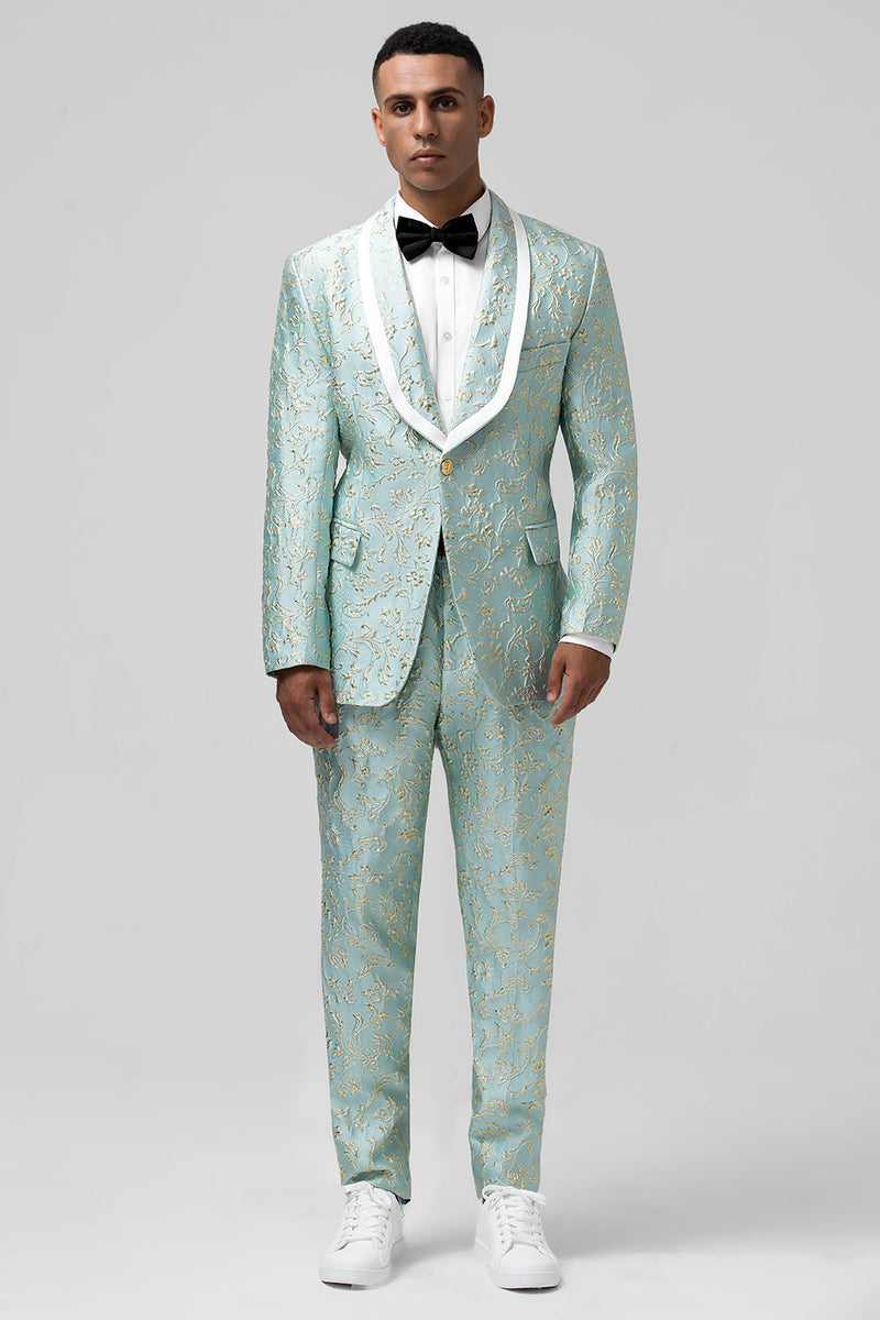 Laden Sie das Bild in den Galerie-Viewer, Mint Schal Revers 2-Teiliger Jacquard Herren mit einem Knopf Smokinganzug