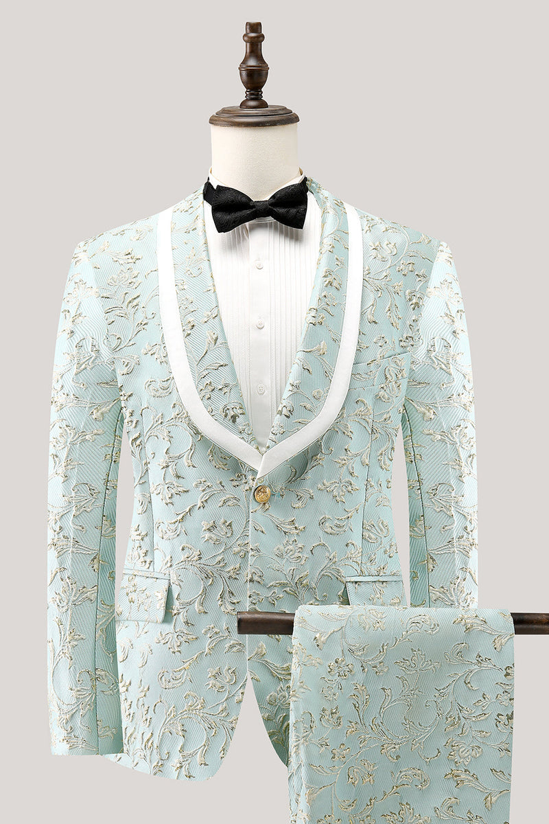 Laden Sie das Bild in den Galerie-Viewer, Mint Jacquard Schal Revers 2 Teiliger Herrenanzug mit einem Knopf
