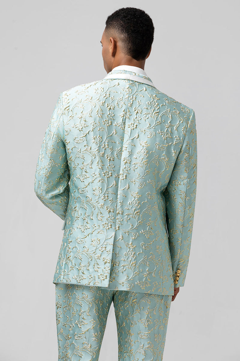 Laden Sie das Bild in den Galerie-Viewer, Mint Schal Revers 2-Teiliger Jacquard Herren mit einem Knopf Smokinganzug