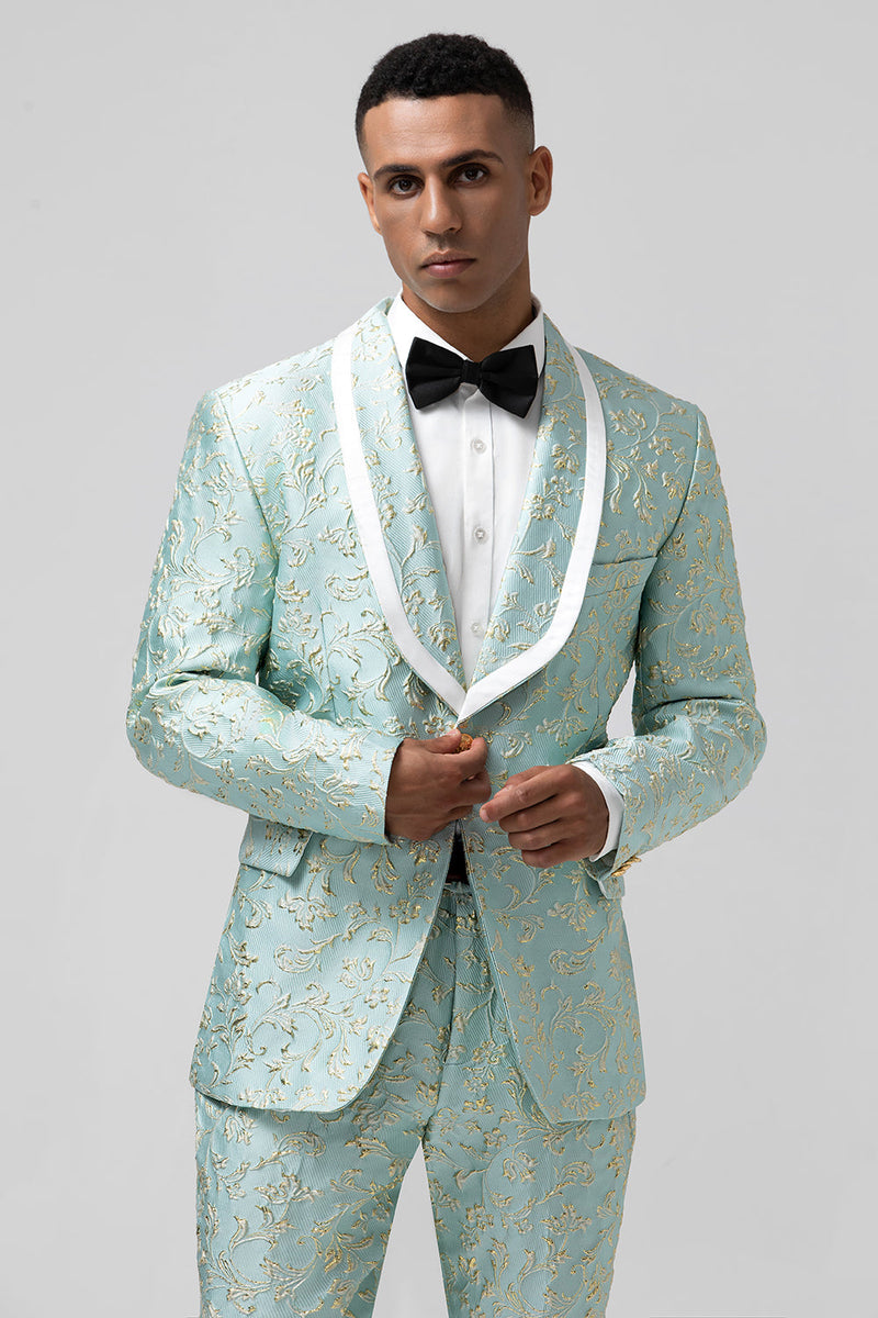 Laden Sie das Bild in den Galerie-Viewer, Mint Schal Revers 2-Teiliger Jacquard Herren mit einem Knopf Smokinganzug