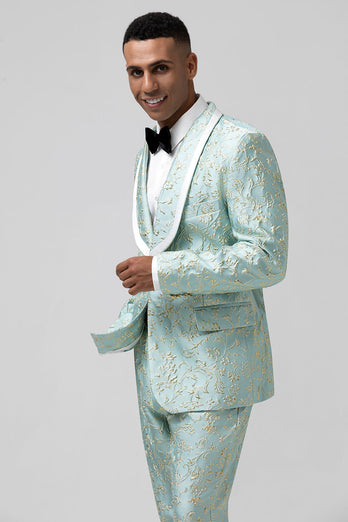 Mint Schal Revers 2-Teiliger Jacquard Herren mit einem Knopf Smokinganzug