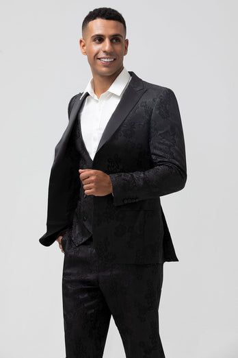 Schwarze Gekerbtes Revers 3-Teiliger Jacquard für Herren Abendanzug
