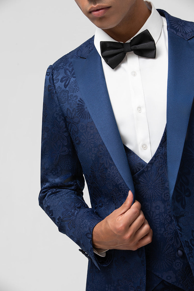 Laden Sie das Bild in den Galerie-Viewer, Hellrosa 3-Teiliger Spitzenrevers Jacquard Ballanzug mit einem Knopf