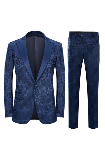 Dunkelblauer Spitzenrevers Ein-Knopf 2-Teiliger Jacquard Herren Abendanzug