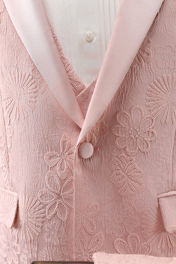 Hellrosa 3-Teiliger Spitzenrevers Jacquard Ballanzug mit einem Knopf