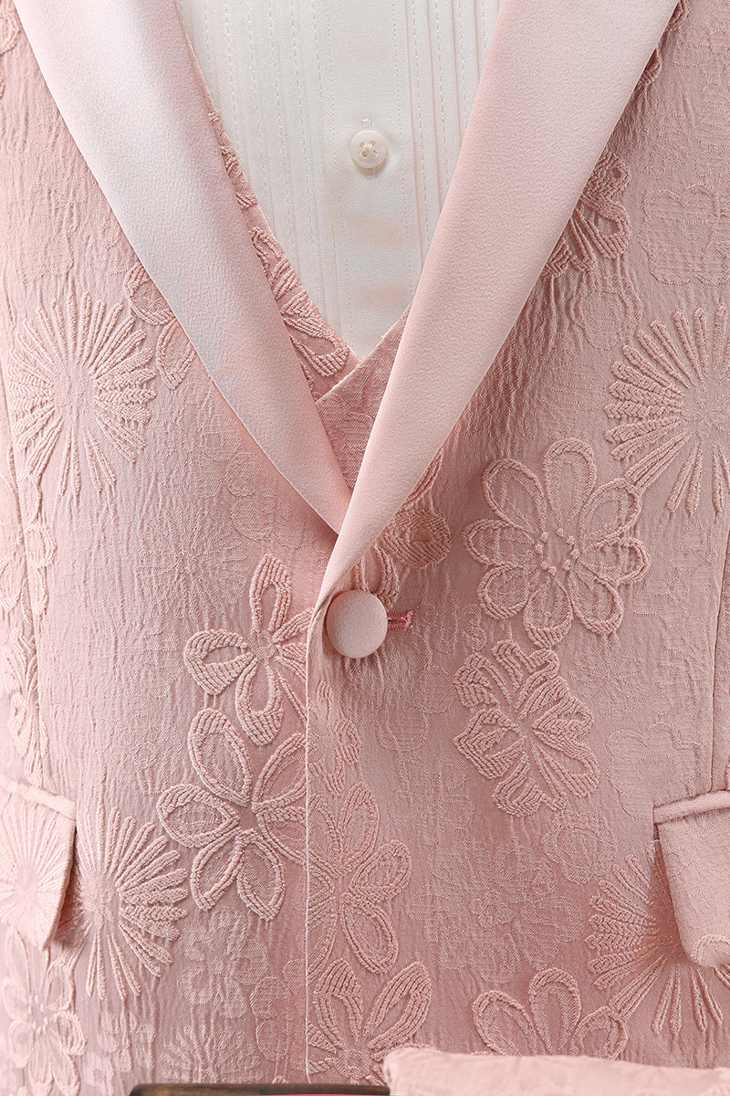 Laden Sie das Bild in den Galerie-Viewer, Hellrosa 3-Teiliger Spitzenrevers Jacquard Ballanzug mit einem Knopf