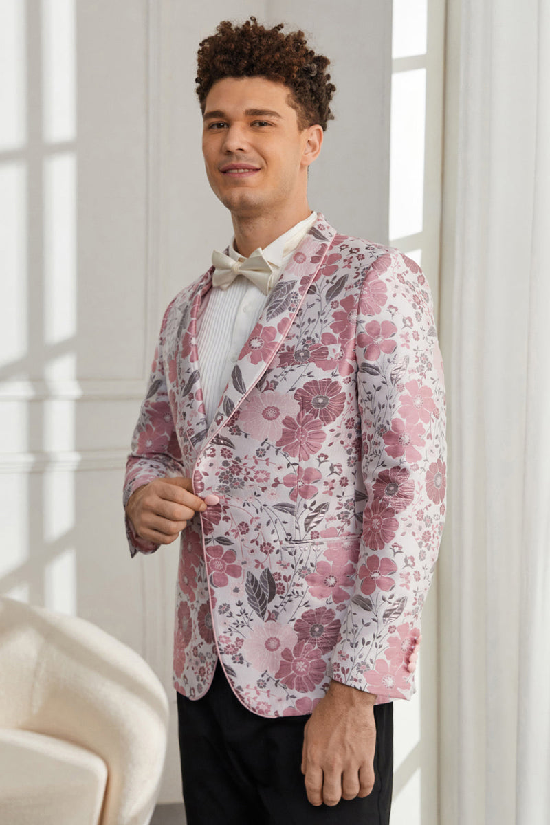 Laden Sie das Bild in den Galerie-Viewer, Schalrevers Ein-Knopf Rosa Blumen Jacquard 2-Teiliger Smoking Anzug